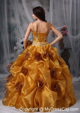 Ball Gown Spaghetti Straps Organza Beading Sweet 15 Dress